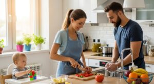 Mom and partner sharing responsibilities