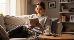 Mom relaxing without phone and reading a book at home