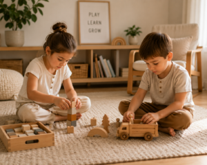 Children playing quietly with simple toys in a calm home setting
