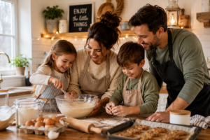 Family baking together during screen free family time