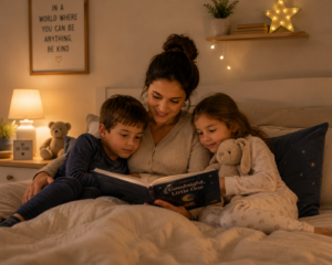 Family enjoying a calm bedtime reading routine together
