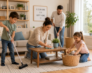 Family working together to organize and clean the home