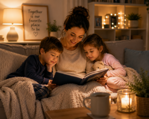 Mom reading books with her children during a calm evening routine