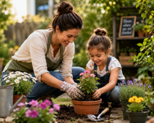 Mother and child gardening outdoors together