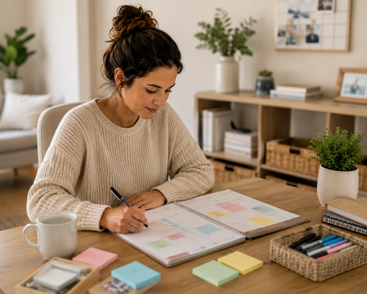 Mom organizing the family calendar and weekly schedule at home