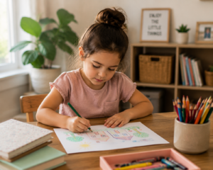 child drawing or coloring alone at table peaceful home Alt Text- Child quietly drawing during independent playtime at home