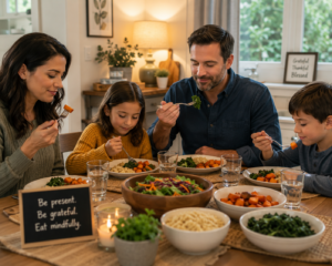 Family practicing mindful eating at the dinner table together