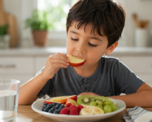 Young child practicing mindful eating with a piece of fruit