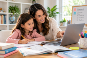 Mom helping child use technology for homework and learning