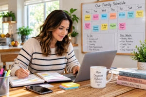 Mom using technology to organize the family schedule at home