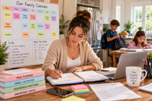 Mom organizing the family calendar and household responsibilities