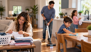 couple sharing household chores parenting responsibilities