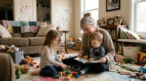 grandmother babysitting grandchildren at home