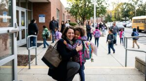 working mother picking up child from school